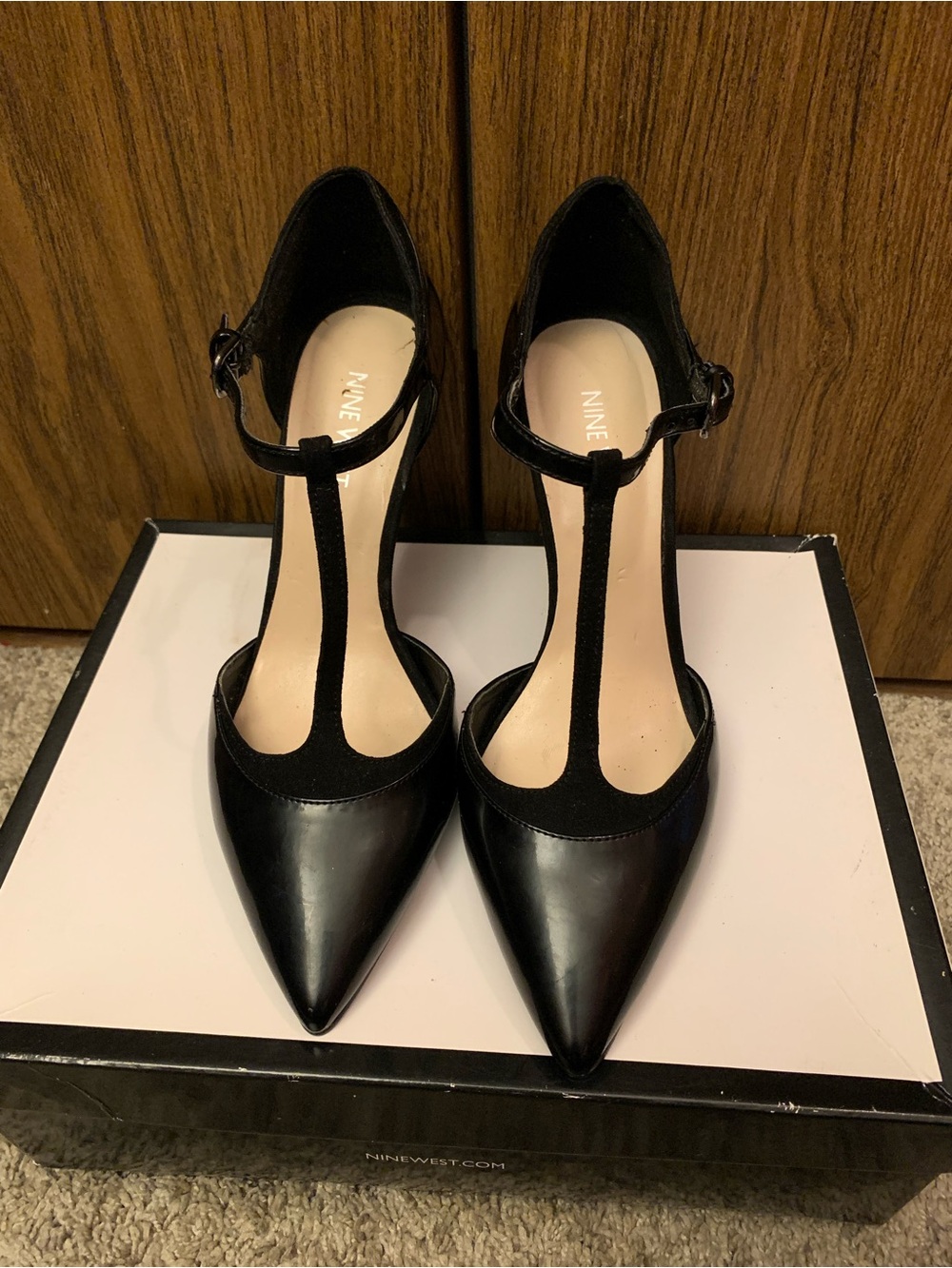 Nine West Black T-Strap Pointed Pumps - Picture 2 of 5